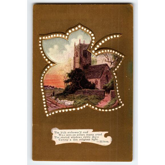 Vintage Embossed Church Scene Postcard with Milton Quote 1910s-1920s - Picture 1 of 2